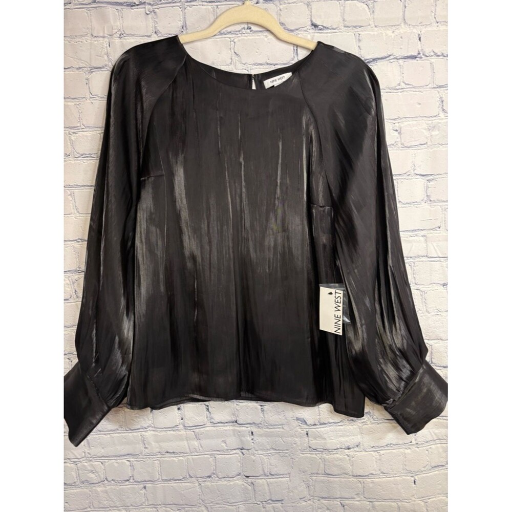 NWT Nine West Black Party Minimalist Classic Long Sleeve Blouson Drama Blouse L
